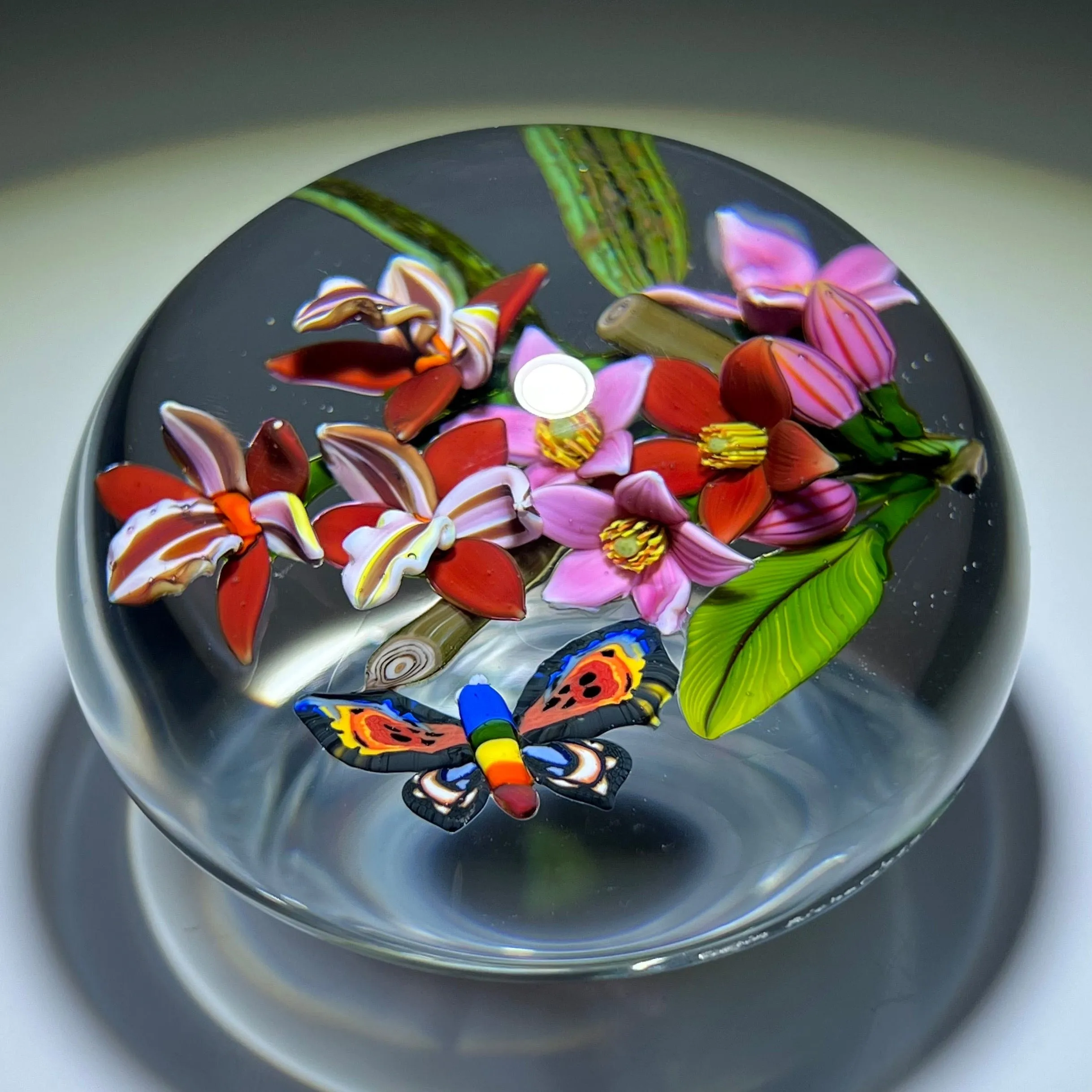 Colin Richardson 2018 Glass Art Paperweight Flamework Rainbow Butterfly with Orchids and Tropical Flowers 1 of 1
