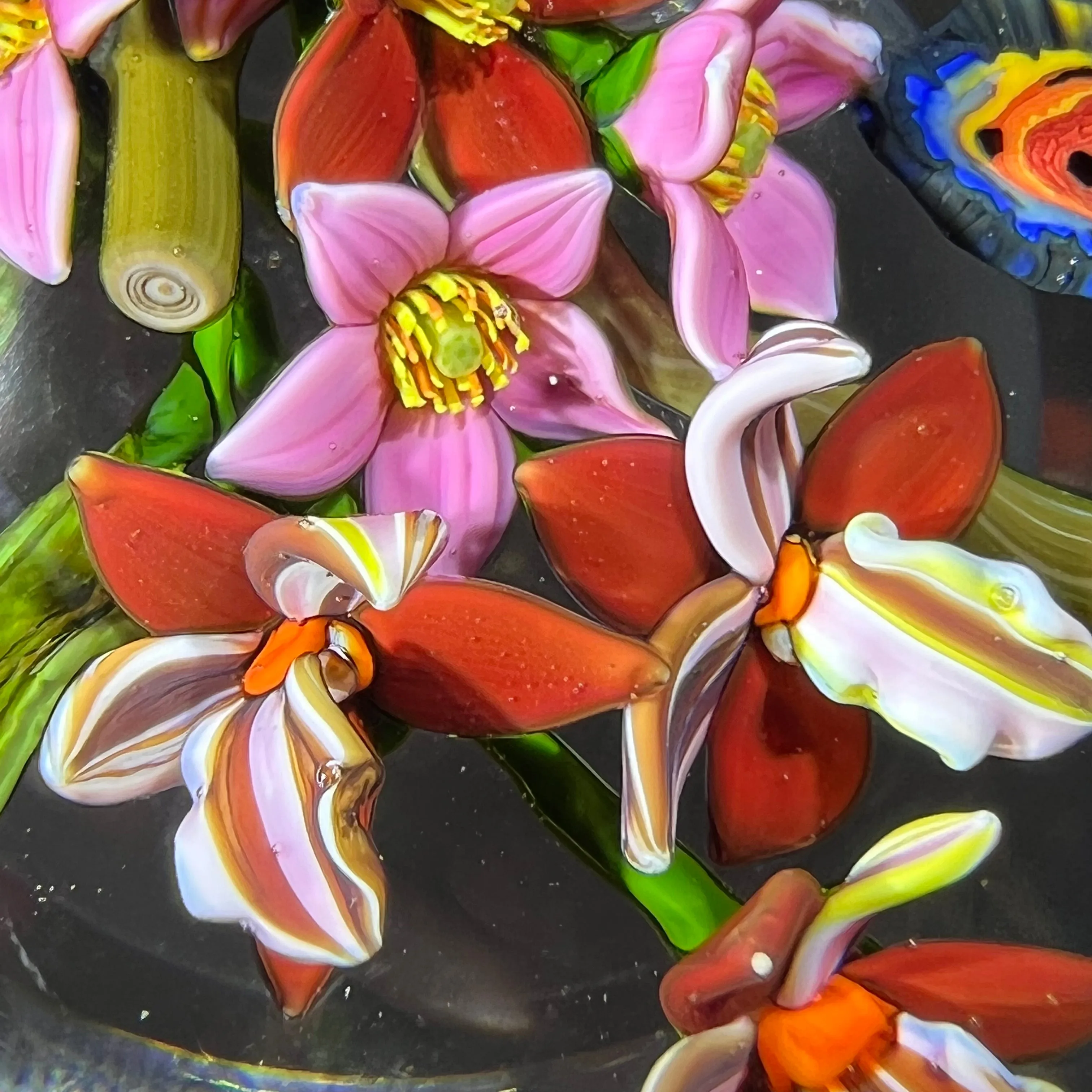Colin Richardson 2018 Glass Art Paperweight Flamework Rainbow Butterfly with Orchids and Tropical Flowers 1 of 1
