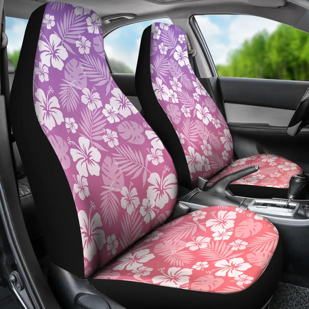 Coral and Purple Ombre Car Seat Covers With White Hibiscus Pattern Overlay