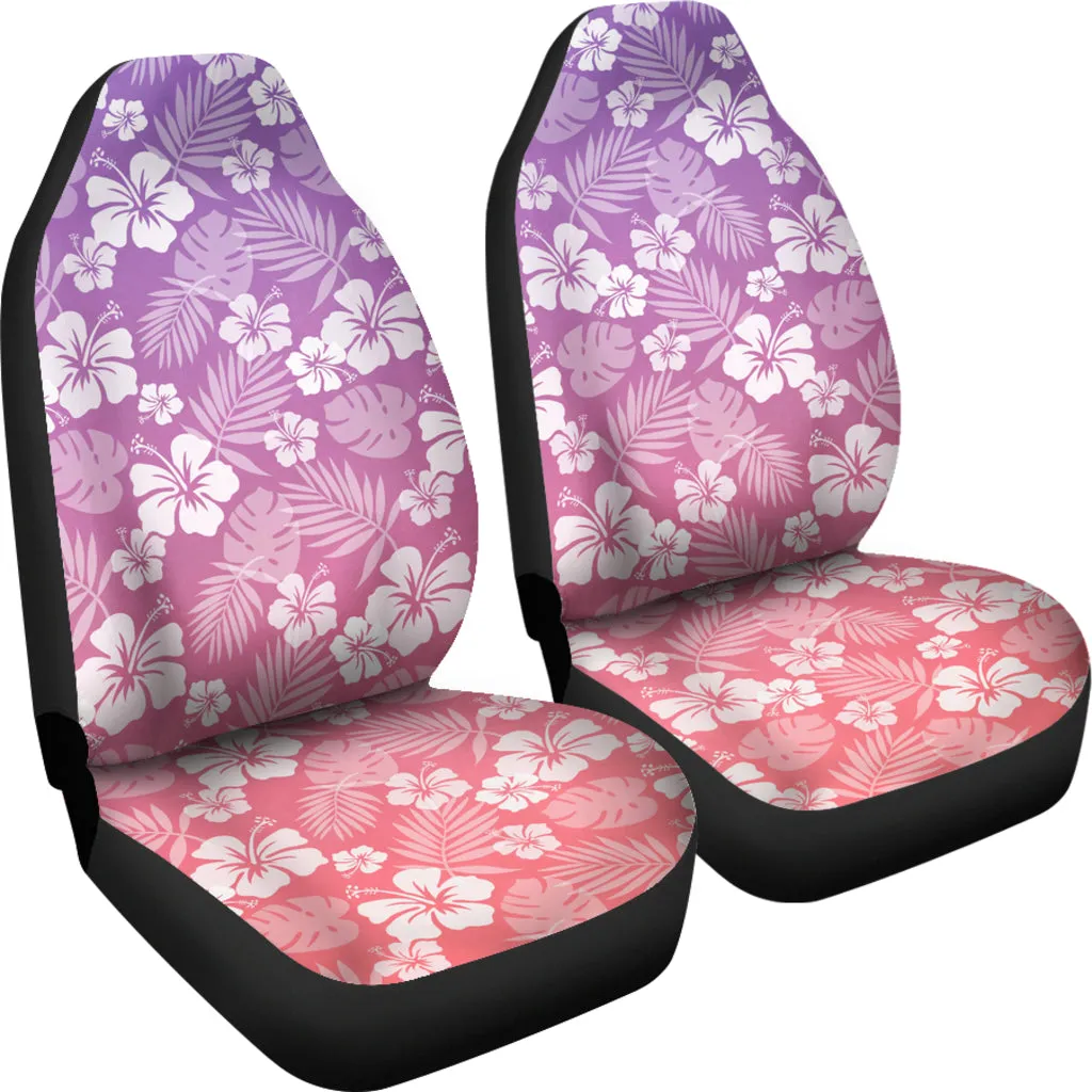Coral and Purple Ombre Car Seat Covers With White Hibiscus Pattern Overlay