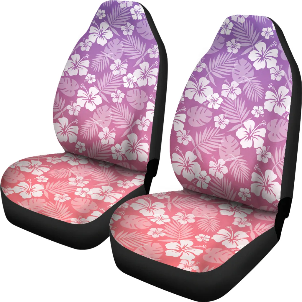 Coral and Purple Ombre Car Seat Covers With White Hibiscus Pattern Overlay