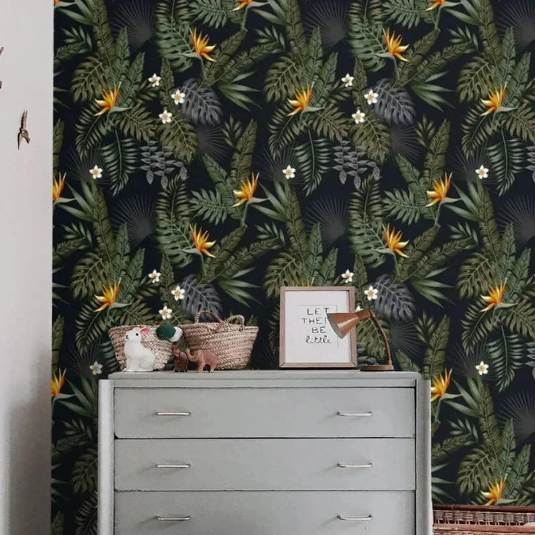 Dark Tropical Leaves and Flowers Wallpaper