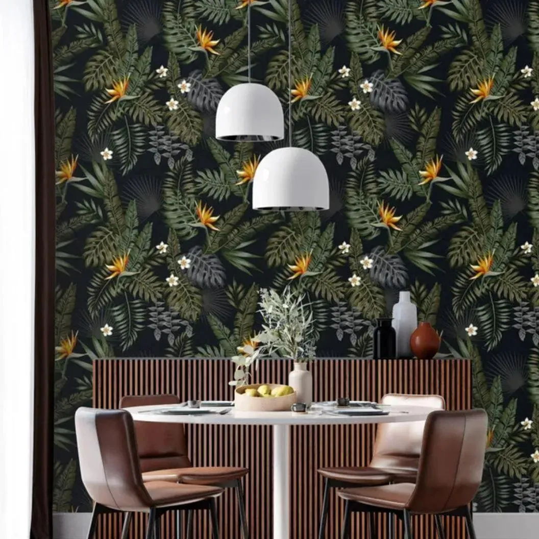 Dark Tropical Leaves and Flowers Wallpaper
