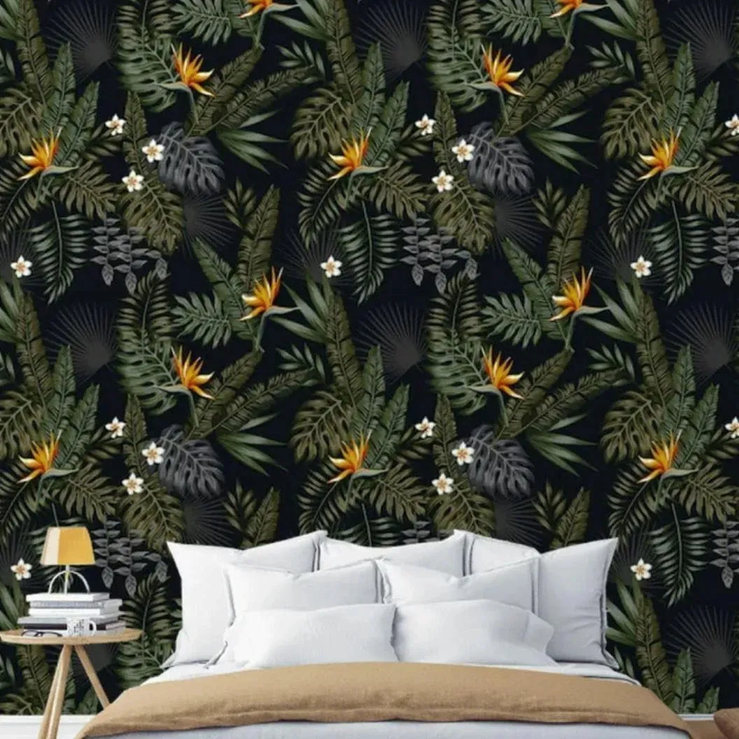 Dark Tropical Leaves and Flowers Wallpaper