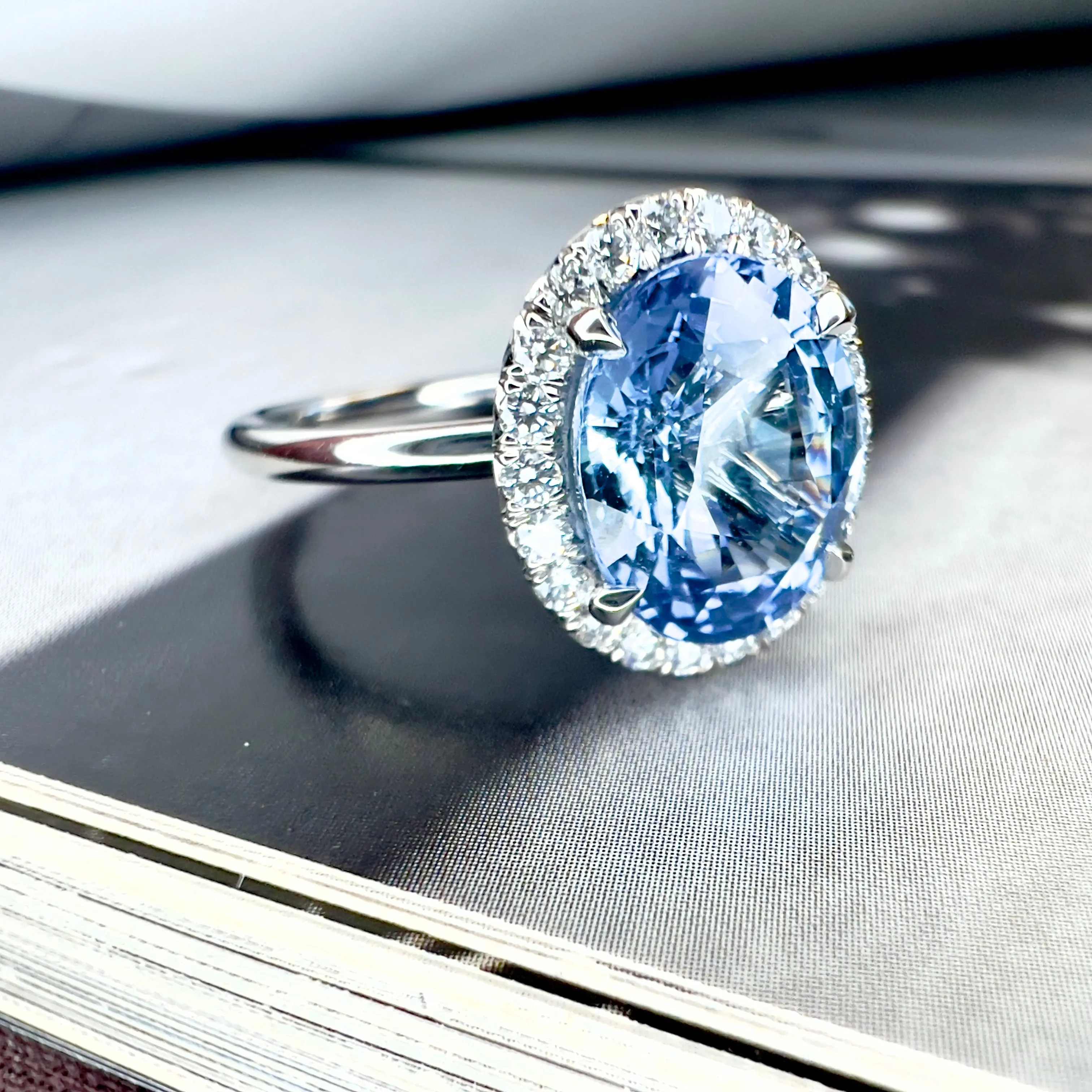 Della 3.24ct Natural Oval-Cut Light Blue Sapphire Halo Engagement Ring Eco-Friendly Platinum