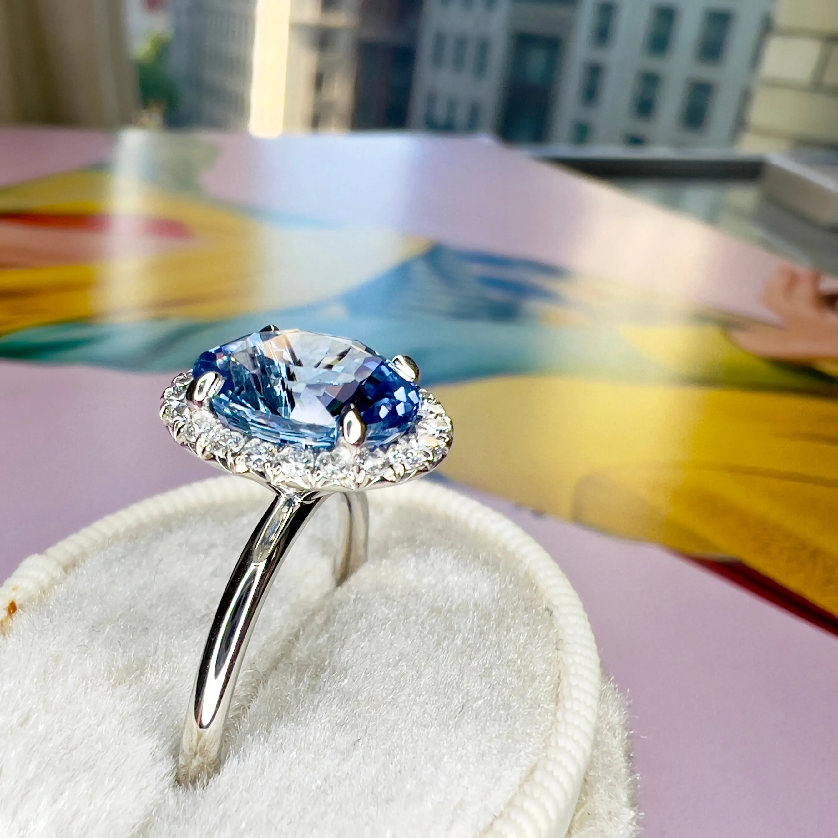 Della 3.24ct Natural Oval-Cut Light Blue Sapphire Halo Engagement Ring Eco-Friendly Platinum