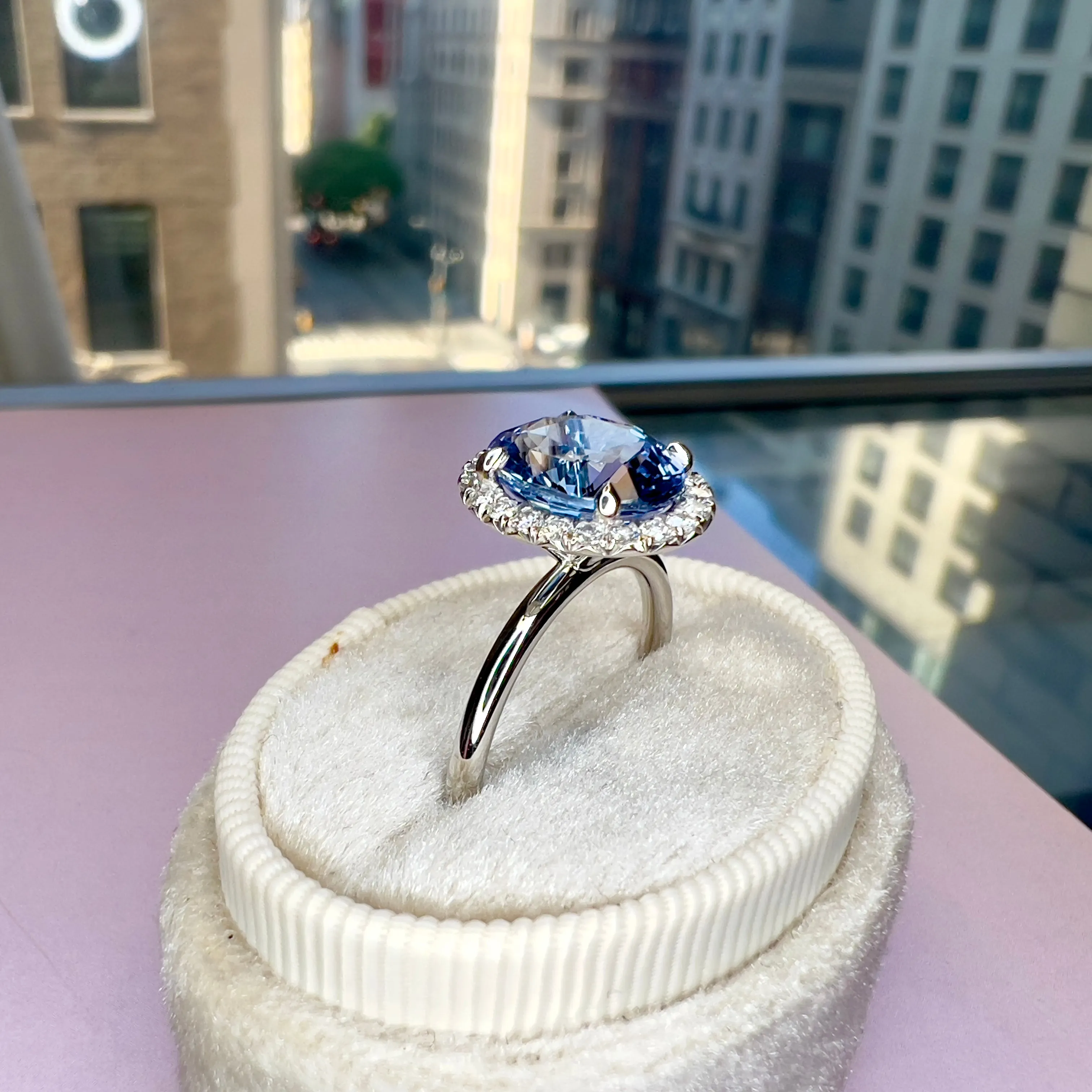 Della 3.24ct Natural Oval-Cut Light Blue Sapphire Halo Engagement Ring Eco-Friendly Platinum