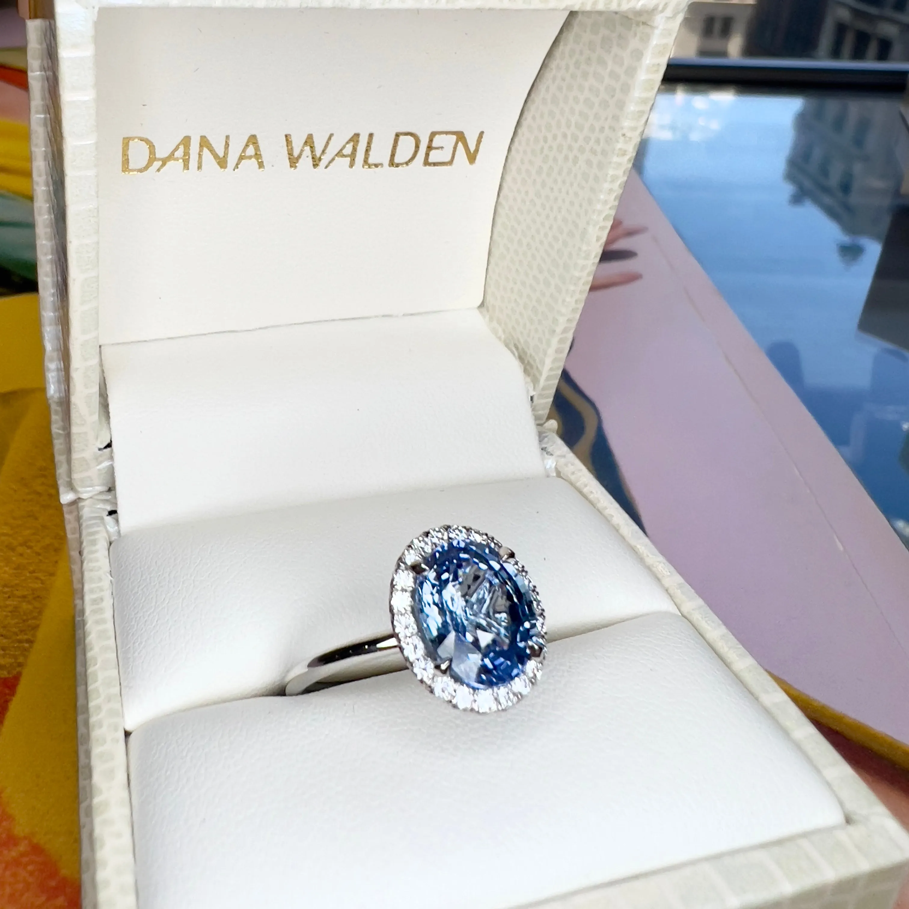 Della 3.24ct Natural Oval-Cut Light Blue Sapphire Halo Engagement Ring Eco-Friendly Platinum