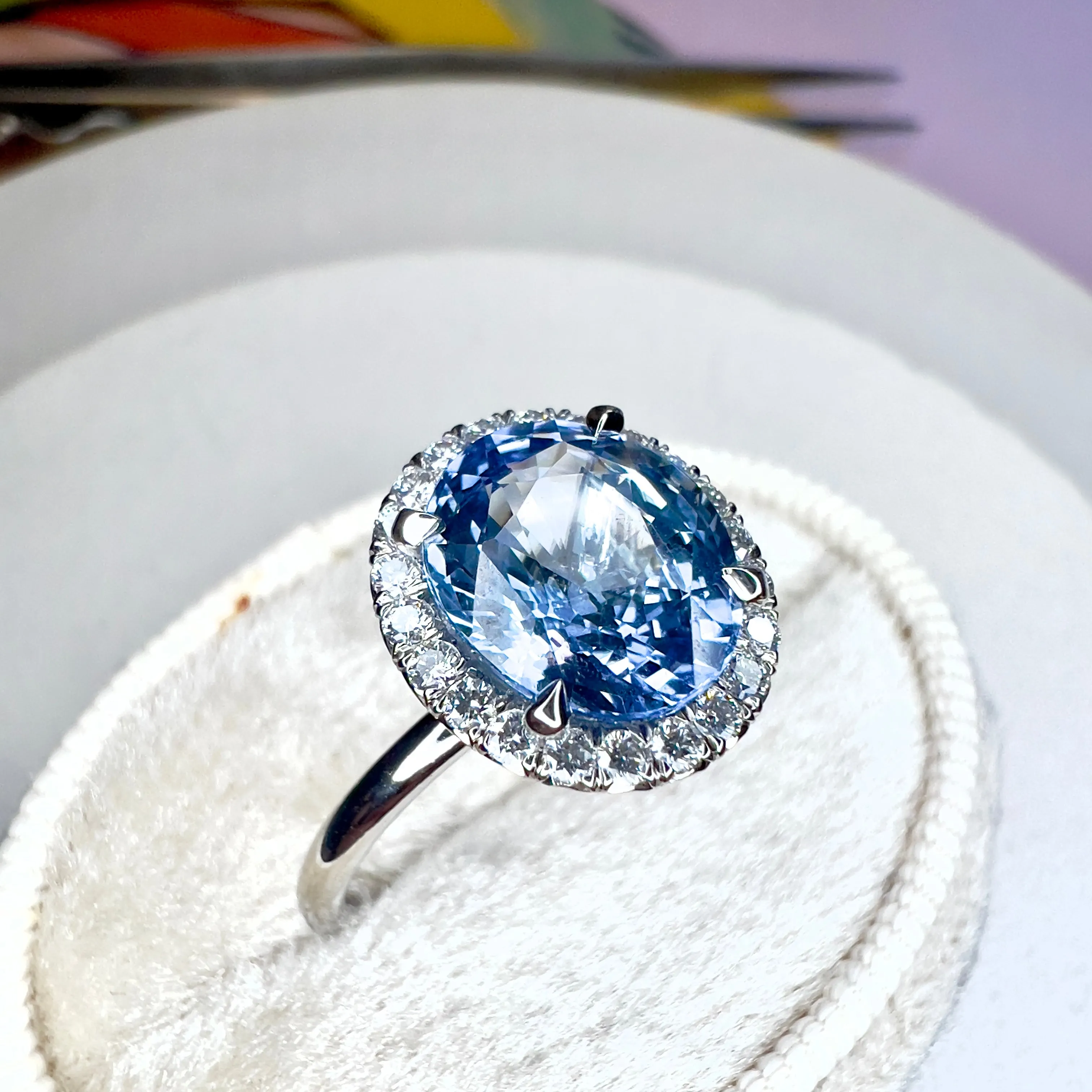 Della 3.24ct Natural Oval-Cut Light Blue Sapphire Halo Engagement Ring Eco-Friendly Platinum