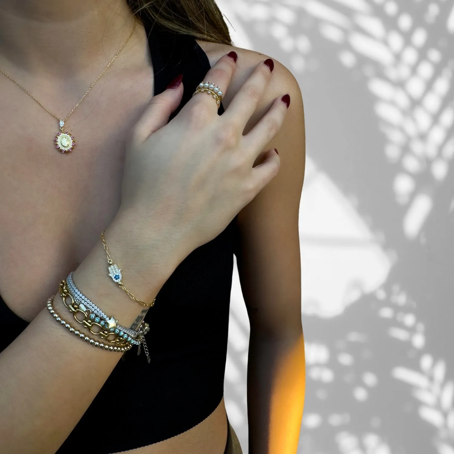 Diamond & Blue Hamsa Hand Link Chain Gold Bracelet