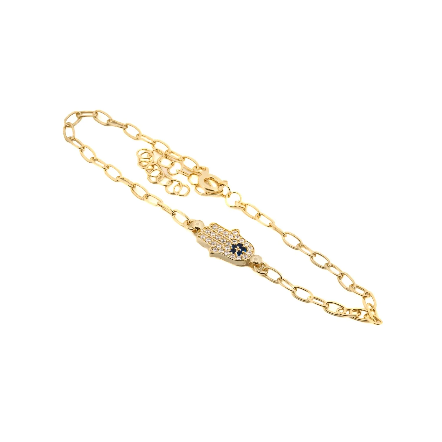 Diamond & Blue Hamsa Hand Link Chain Gold Bracelet