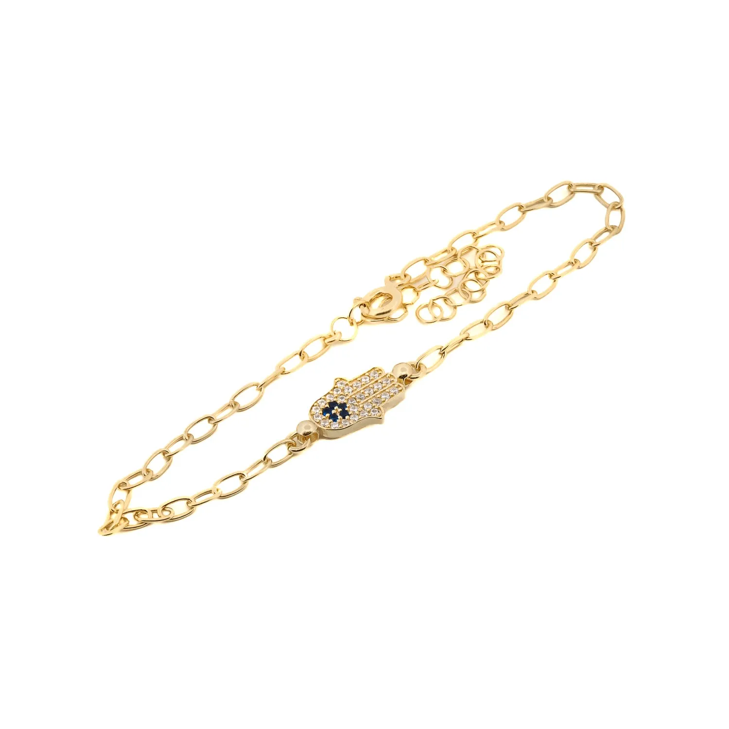 Diamond & Blue Hamsa Hand Link Chain Gold Bracelet