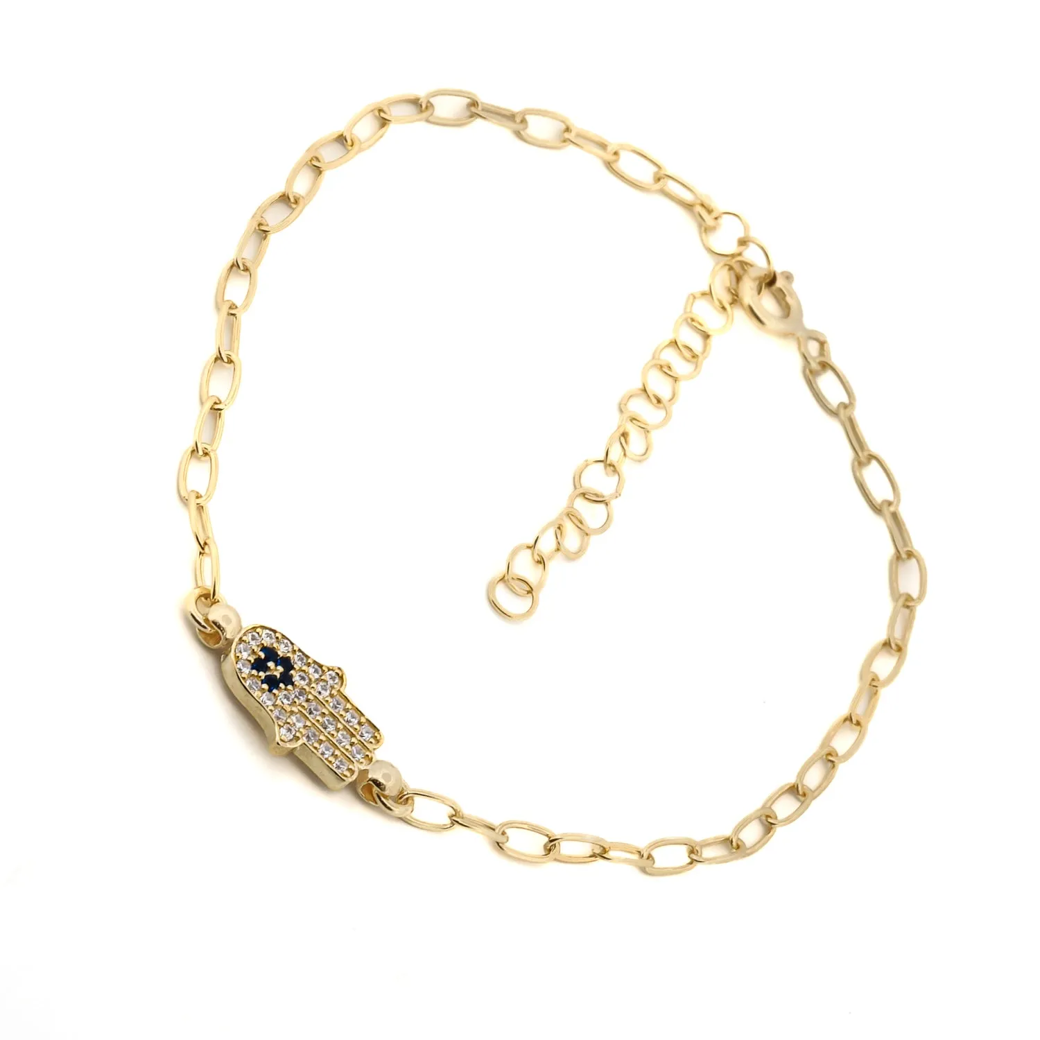 Diamond & Blue Hamsa Hand Link Chain Gold Bracelet