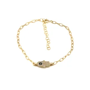 Diamond & Blue Hamsa Hand Link Chain Gold Bracelet