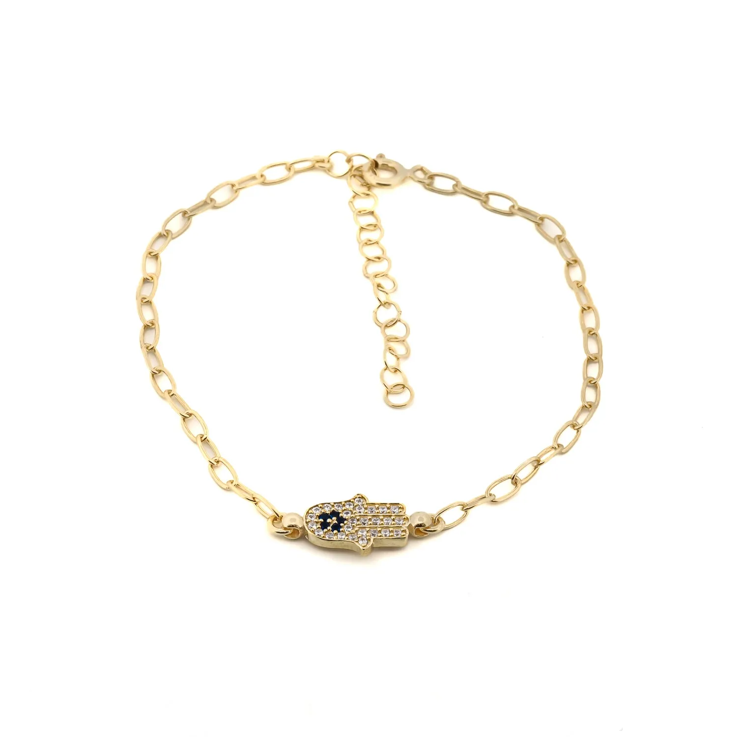 Diamond & Blue Hamsa Hand Link Chain Gold Bracelet