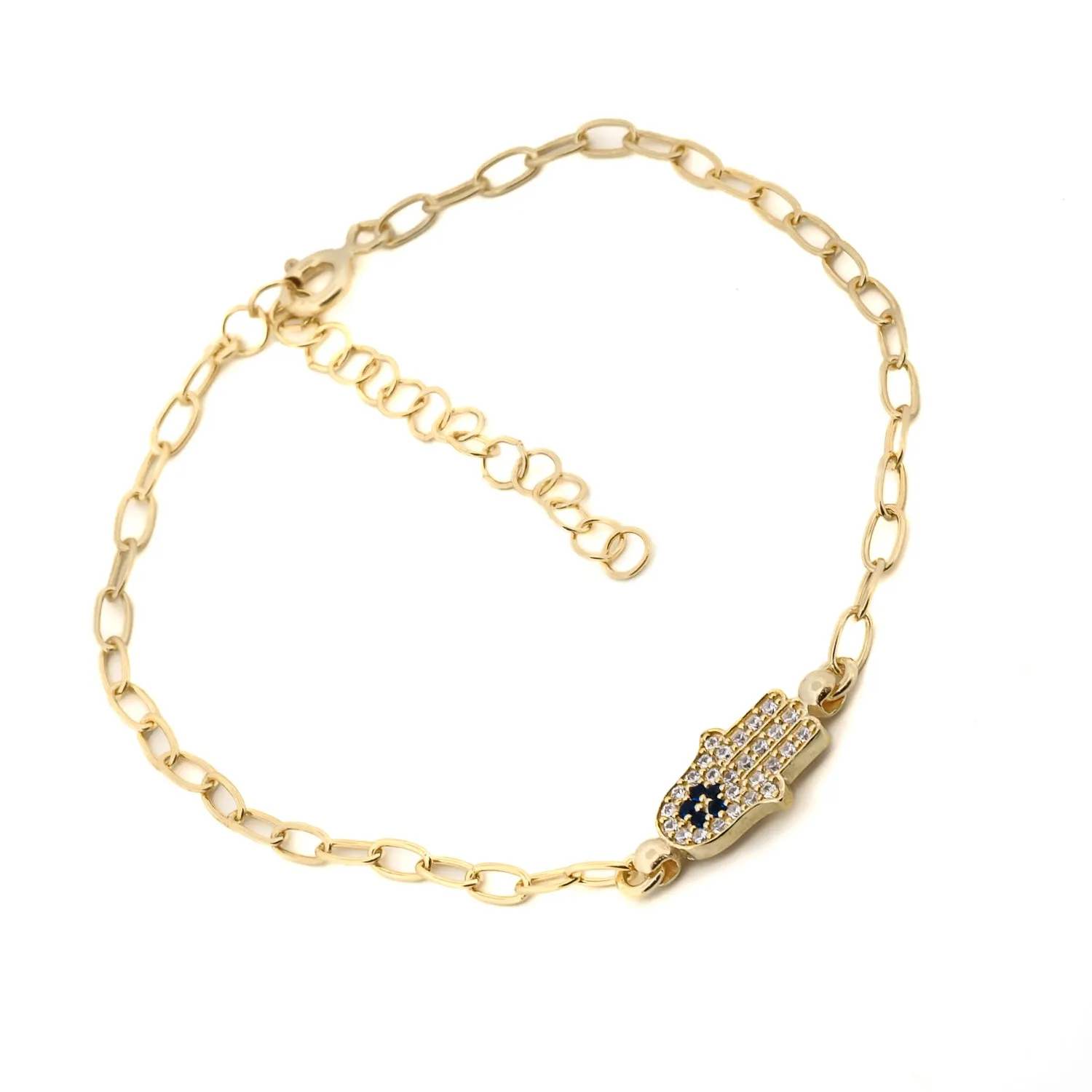 Diamond & Blue Hamsa Hand Link Chain Gold Bracelet