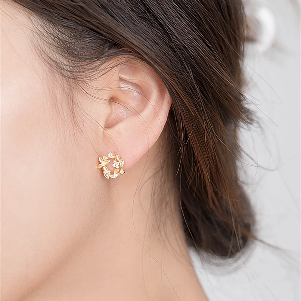 Diamond Flowers Leaf Wreath Stud Earrings