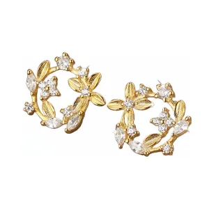 Diamond Flowers Leaf Wreath Stud Earrings