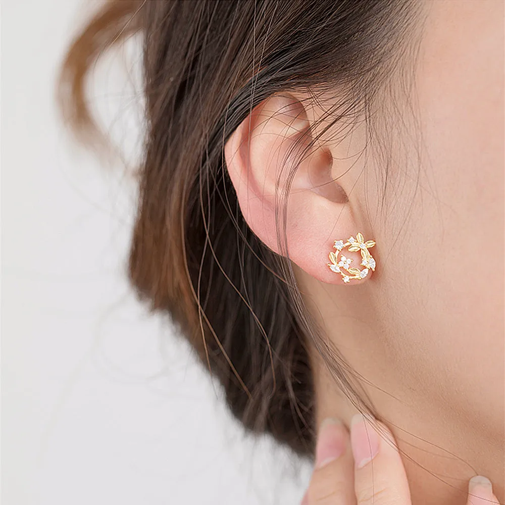 Diamond Flowers Leaf Wreath Stud Earrings