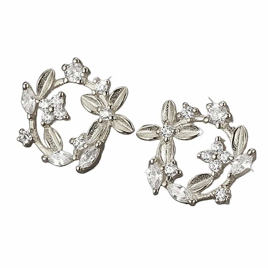 Diamond Flowers Leaf Wreath Stud Earrings
