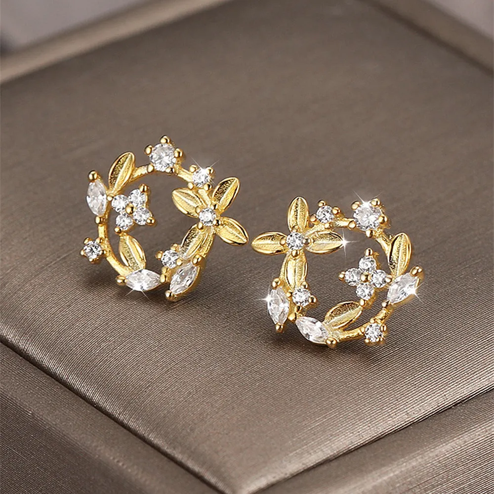 Diamond Flowers Leaf Wreath Stud Earrings