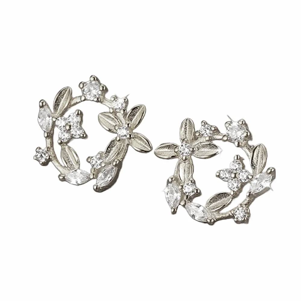 Diamond Flowers Leaf Wreath Stud Earrings