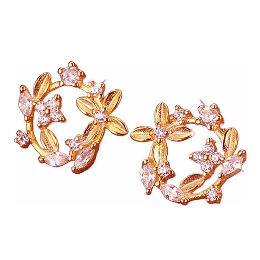 Diamond Flowers Leaf Wreath Stud Earrings