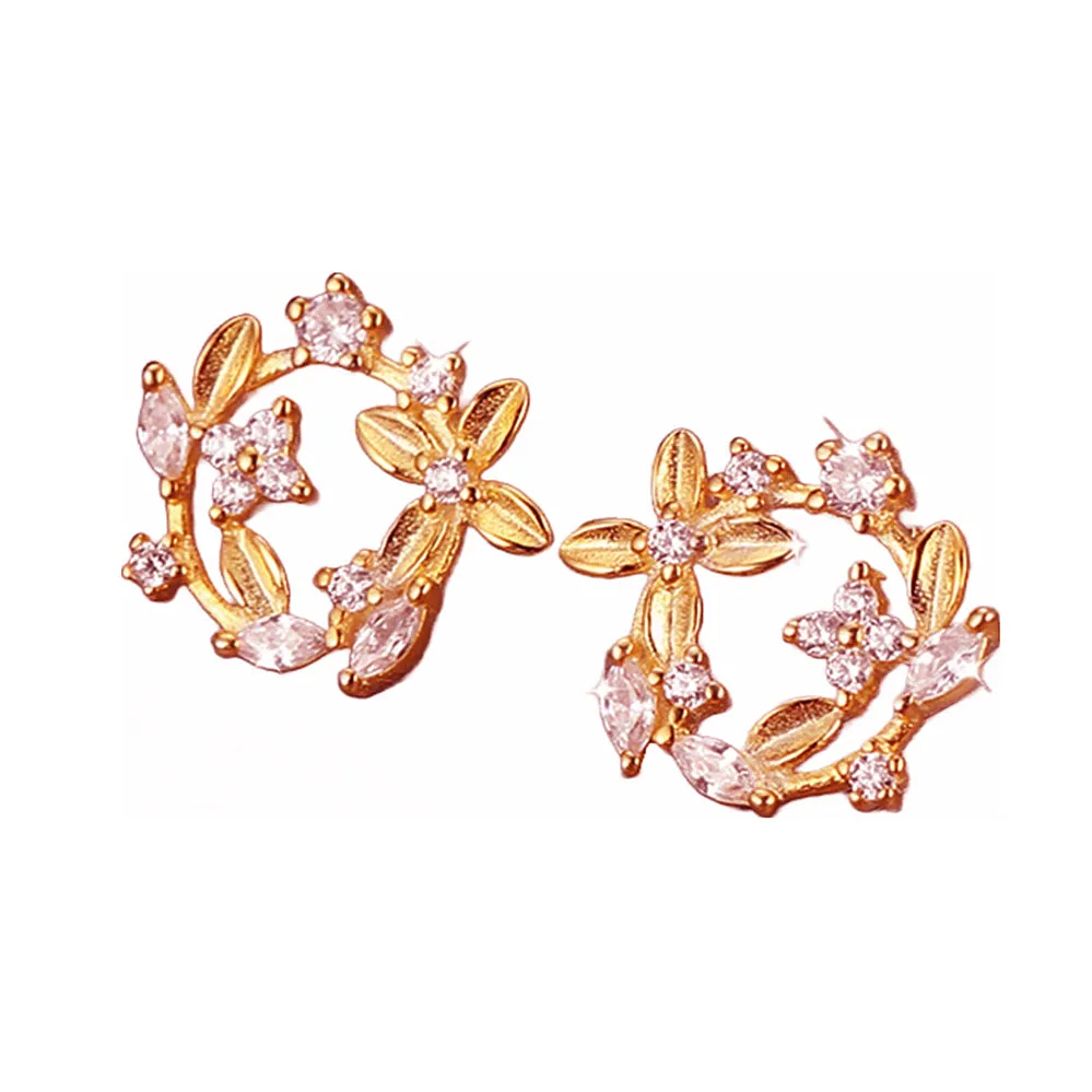 Diamond Flowers Leaf Wreath Stud Earrings