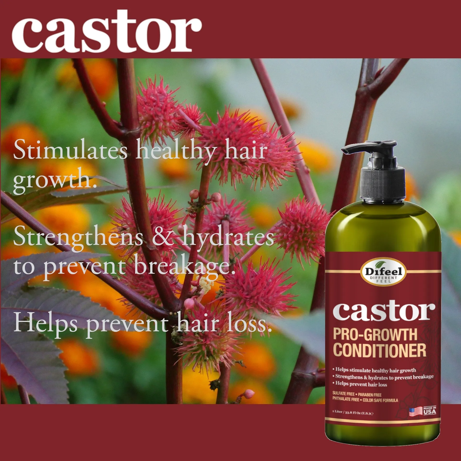 Difeel Castor Pro-Growth Hair Care Gift Set: Castor Shampoo 12 oz, Conditioner 12 oz., Hair Mask 12 oz. & Hair Oil 2.5 oz.