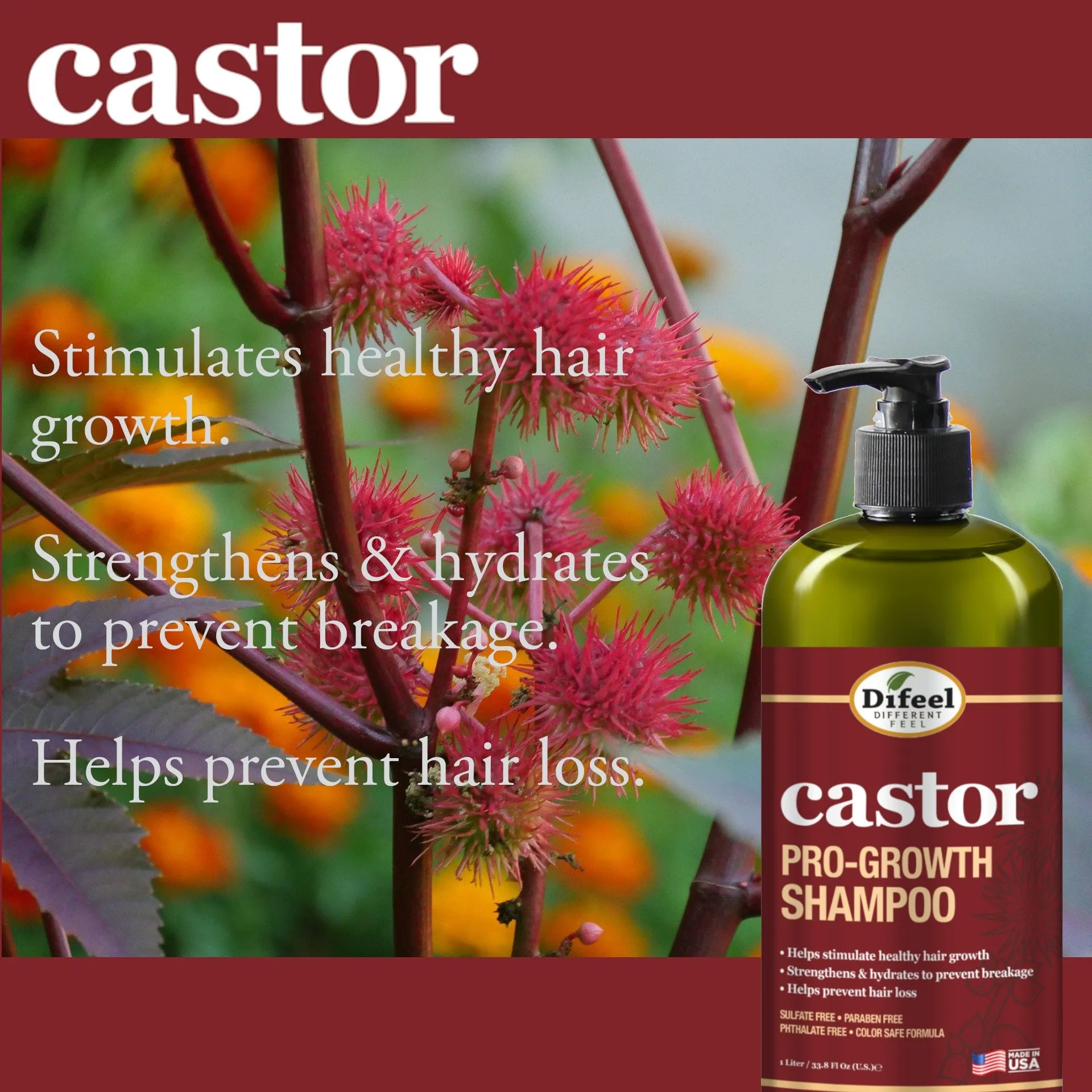 Difeel Castor Pro-Growth Hair Care Gift Set: Castor Shampoo 12 oz, Conditioner 12 oz., Hair Mask 12 oz. & Hair Oil 2.5 oz.