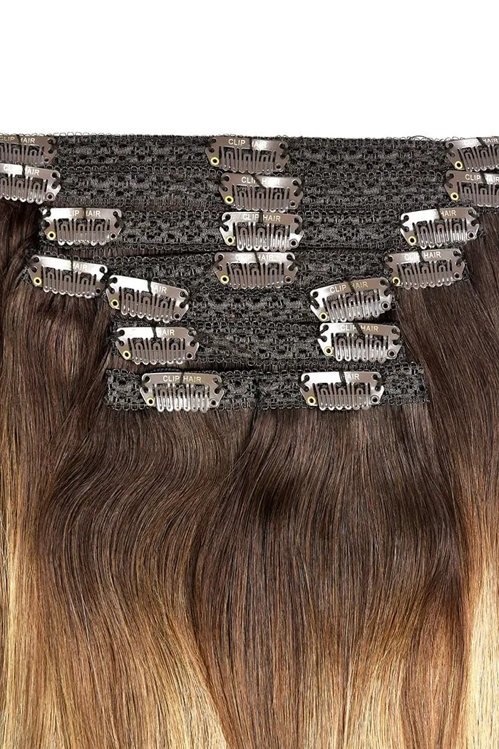 Double Wefted Full Head Clip in Hair Extensions - Chestnut Honey Balayage