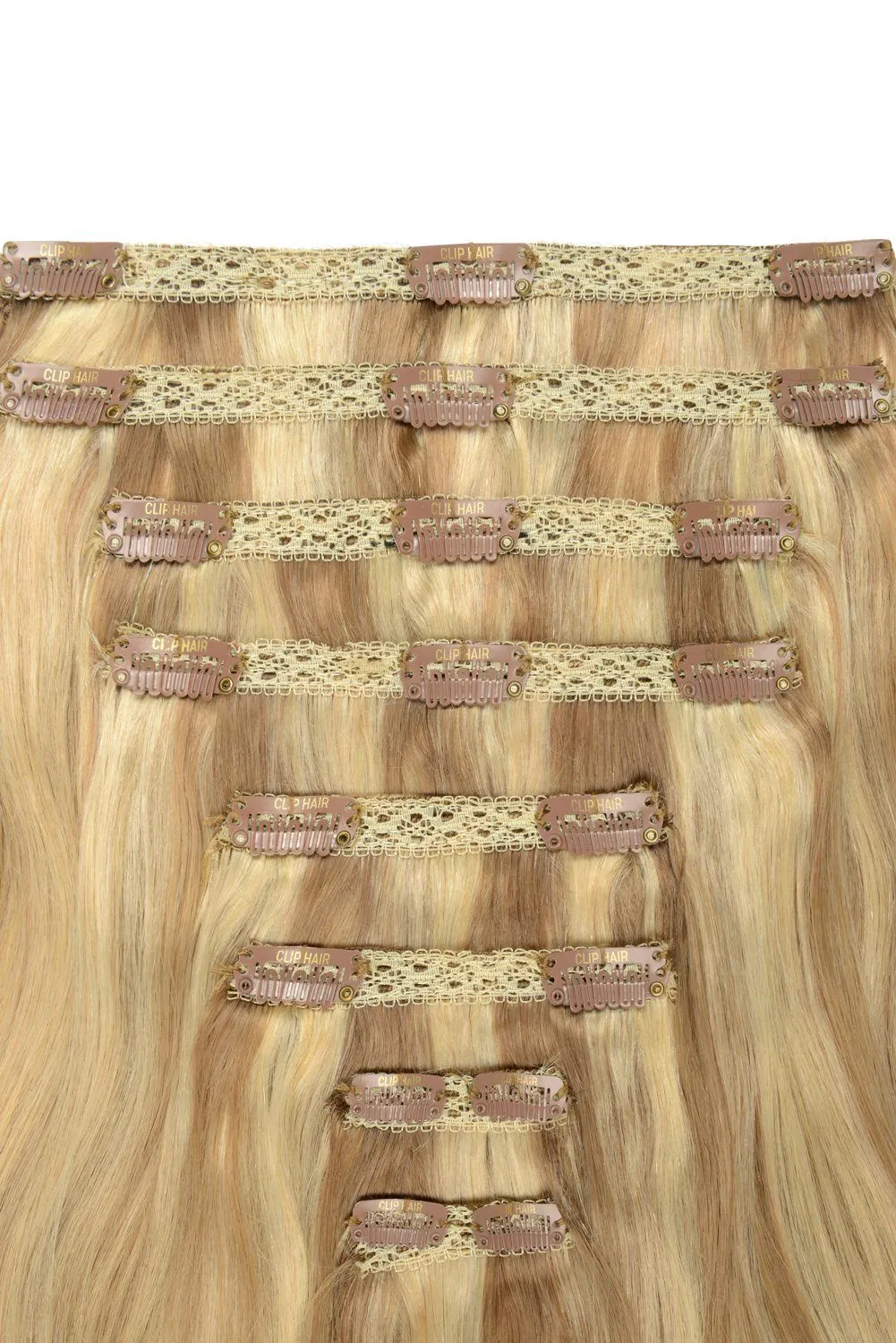 Double Wefted Full Head Remy Clip in Human Hair Extensions - Biscuit Blondey (#18/613)