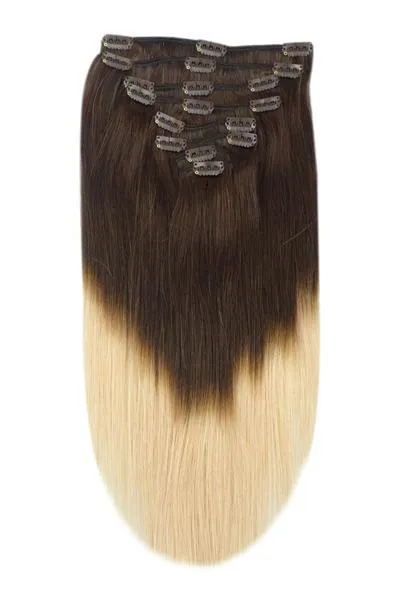 Double Wefted Full Head Remy Clip in Human Hair Extensions - Espresso Honey Ombre (#T2/27)