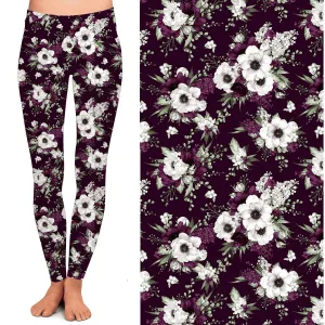 Floral Leggings  Burgundy Maroon  with White Flowers with Pockets
