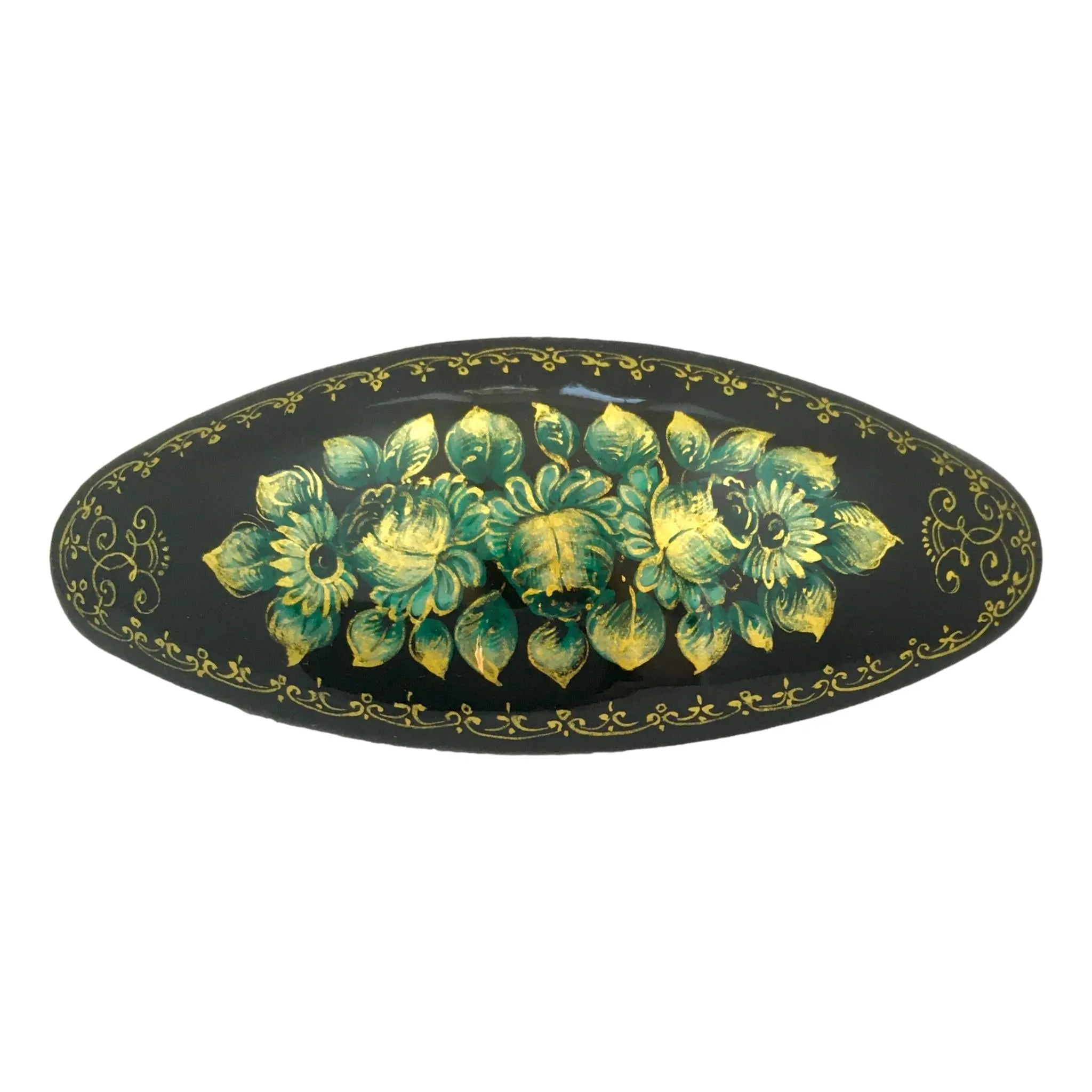 Hair Barrette Green Gold Flowers