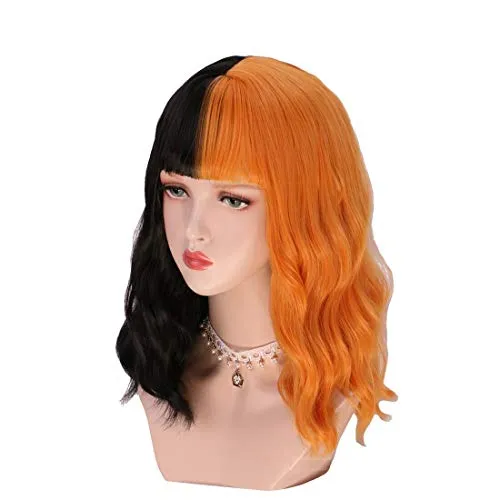 Half Black Half Orange Bob Curly Wig With Bangs