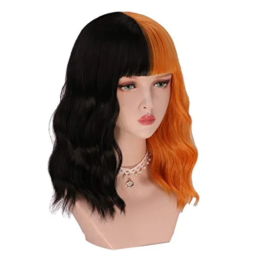 Half Black Half Orange Bob Curly Wig With Bangs