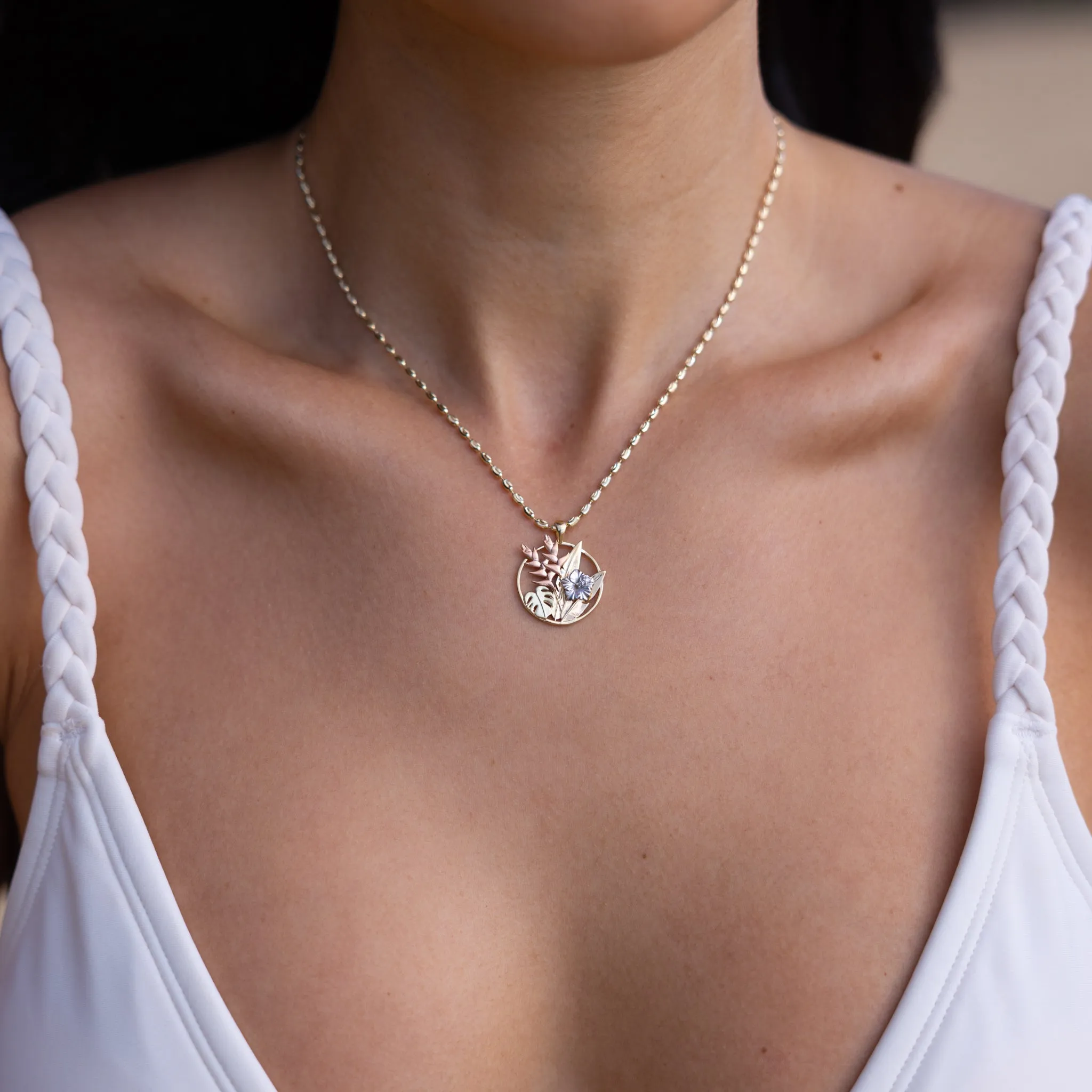 Hawaiian Gardens Hibiscus Pendant in Four Tone Gold with Diamonds - 20mm