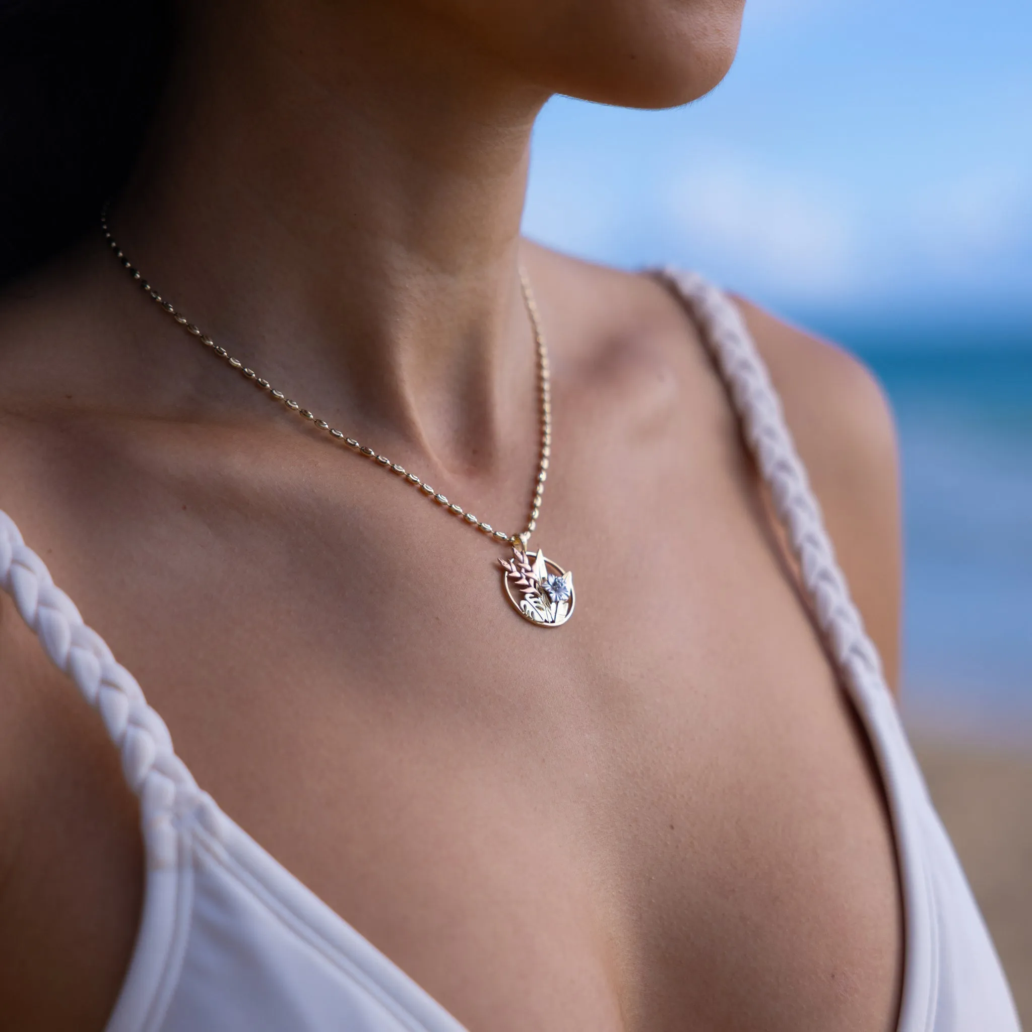 Hawaiian Gardens Hibiscus Pendant in Four Tone Gold with Diamonds - 20mm