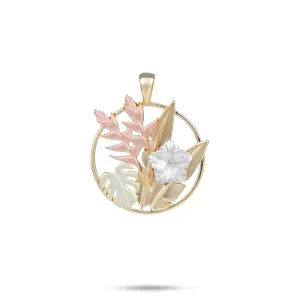 Hawaiian Gardens Hibiscus Pendant in Four Tone Gold with Diamonds - 20mm