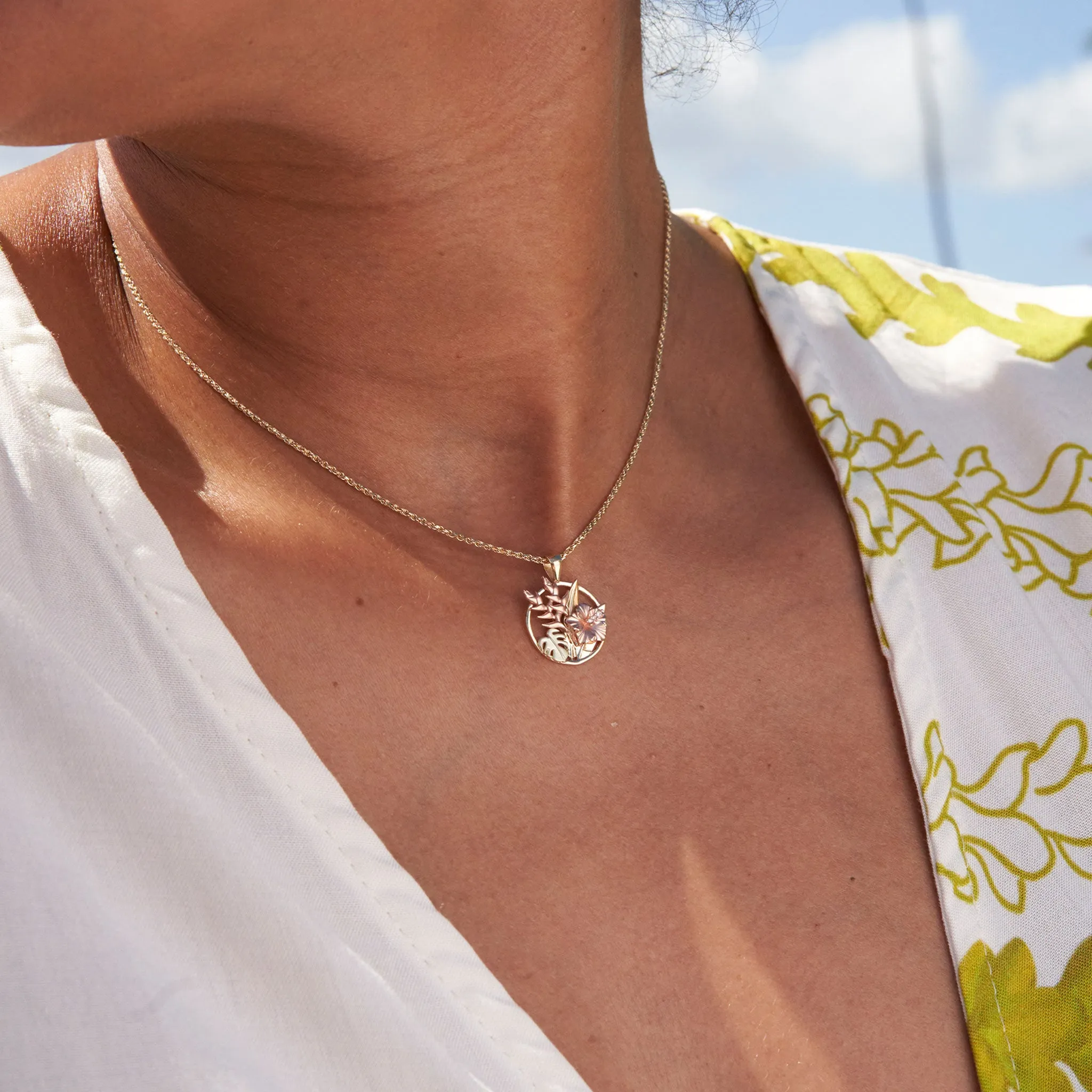 Hawaiian Gardens Hibiscus Pendant in Tri Color Gold with Diamonds - 15mm