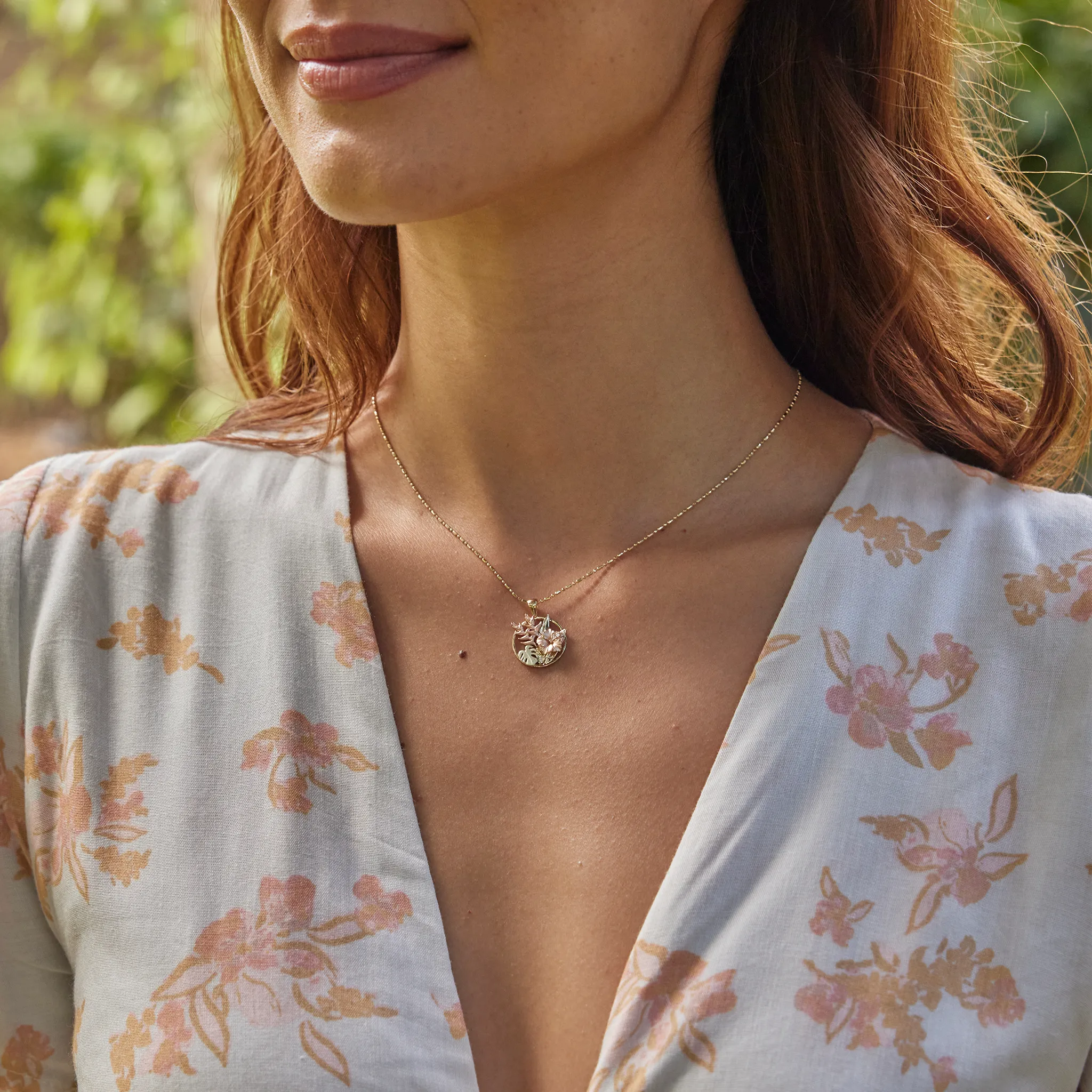 Hawaiian Gardens Hibiscus Pendant in Tri Color Gold with Diamonds - 15mm