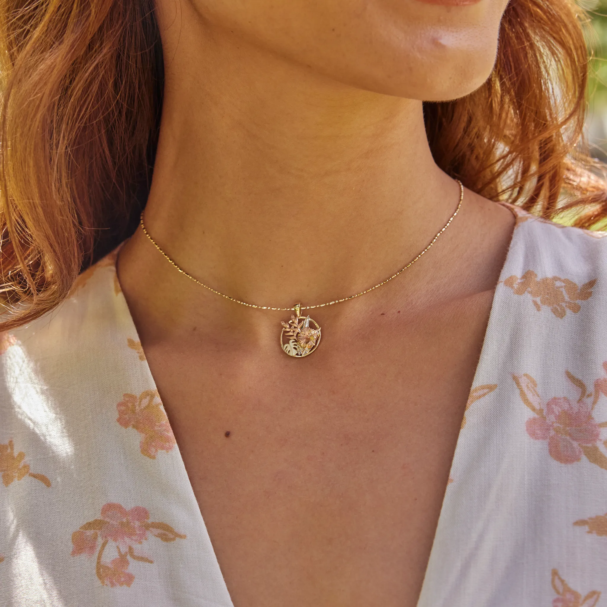 Hawaiian Gardens Hibiscus Pendant in Tri Color Gold with Diamonds - 15mm