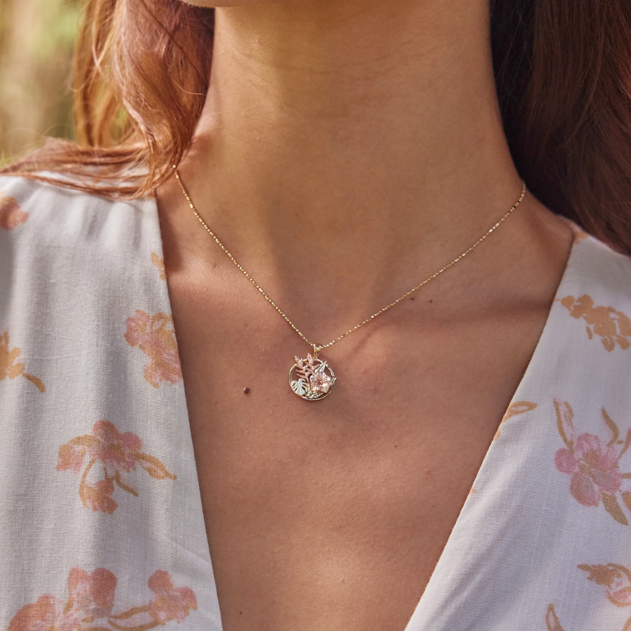 Hawaiian Gardens Hibiscus Pendant in Tri Color Gold with Diamonds - 15mm