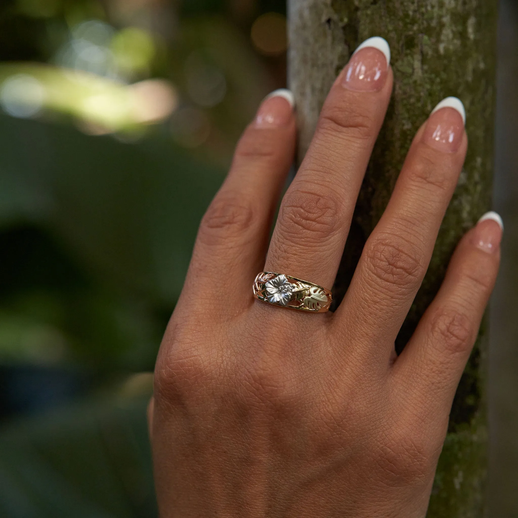 Hawaiian Gardens Hibiscus Ring in Four Tone Gold with Diamonds - 8mm