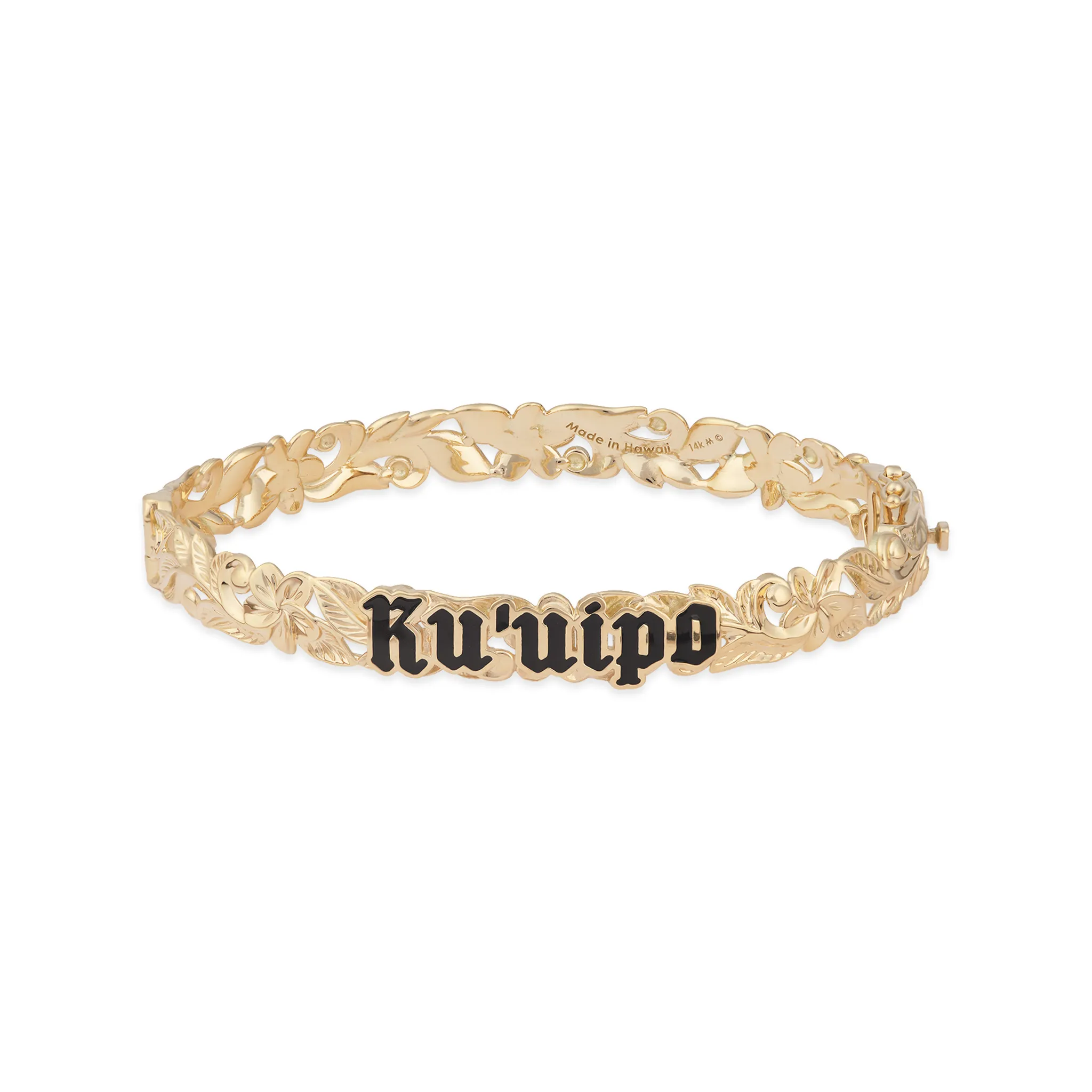 Hawaiian Heirloom Kuʻuipo (Sweetheart) Plumeria Enamel Hinge Bracelet in Gold - 8mm