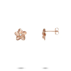 Hawaiian Heirloom Plumeria Earrings in Rose Gold with Diamonds - 9mm