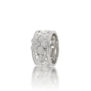Hawaiian Heirloom Plumeria Ring in White Gold with Diamonds - 10mm