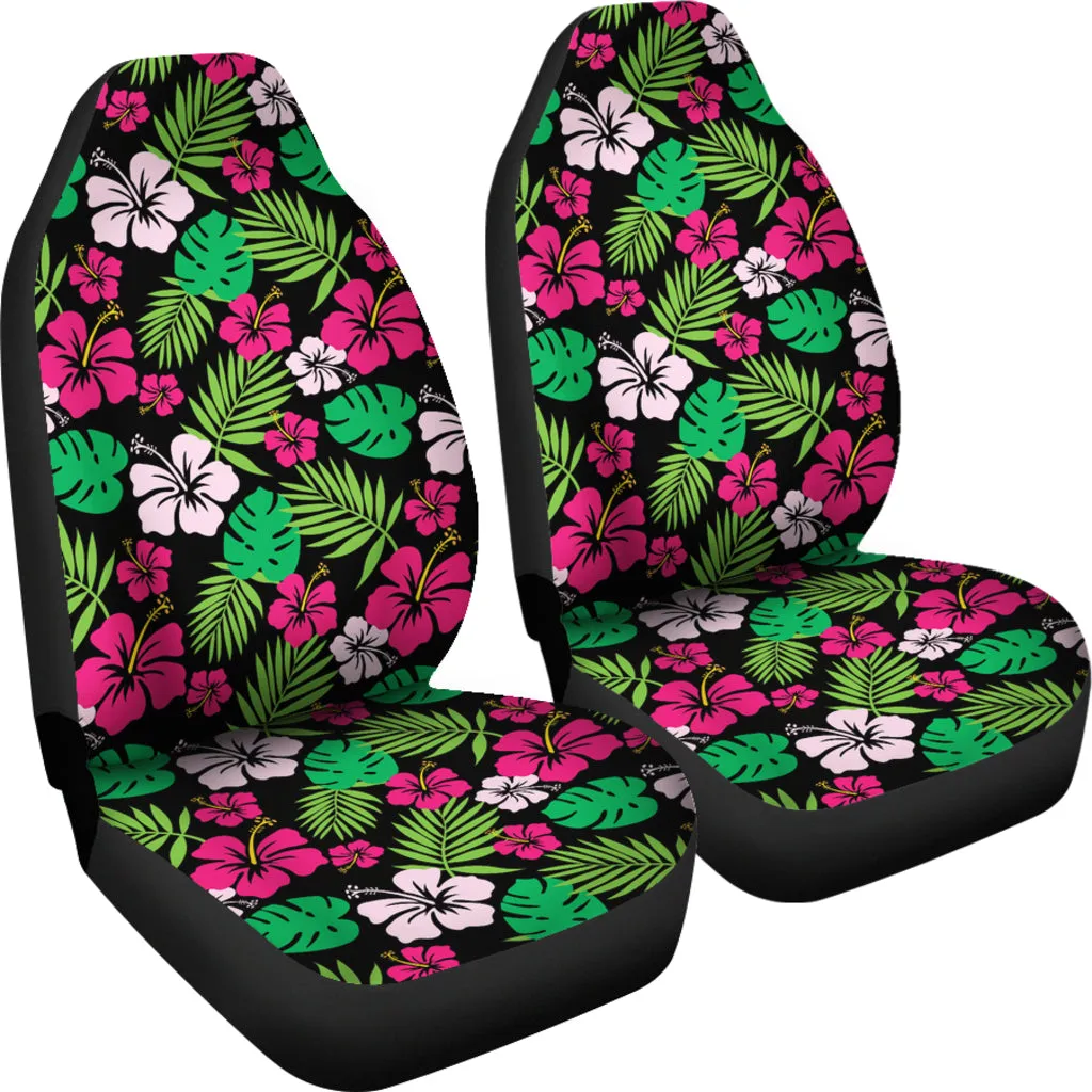 Hot Pink and Green Hawaiian Hibiscus Car Seat Covers Tropical Polynesian Pattern Set of 2