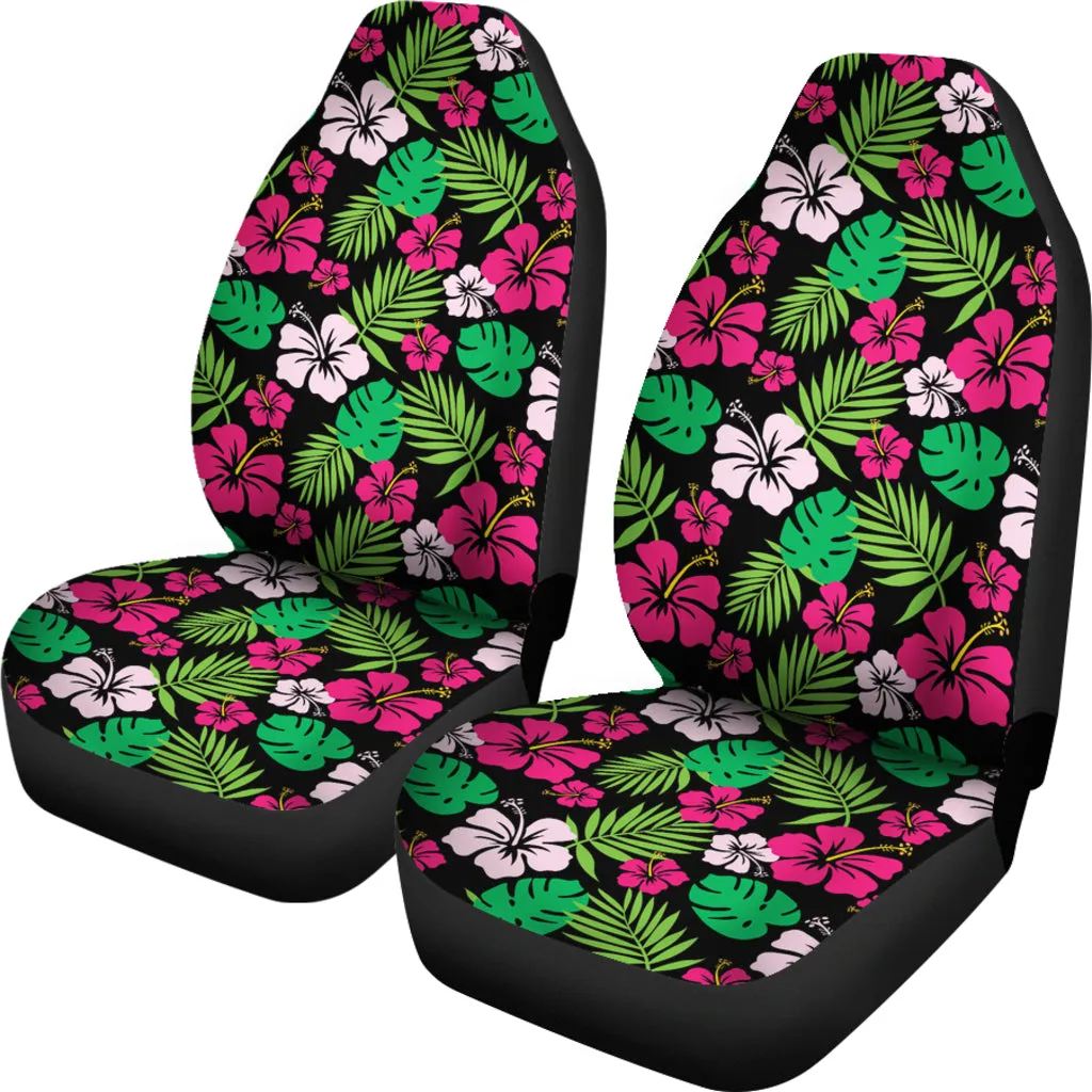 Hot Pink and Green Hawaiian Hibiscus Car Seat Covers Tropical Polynesian Pattern Set of 2